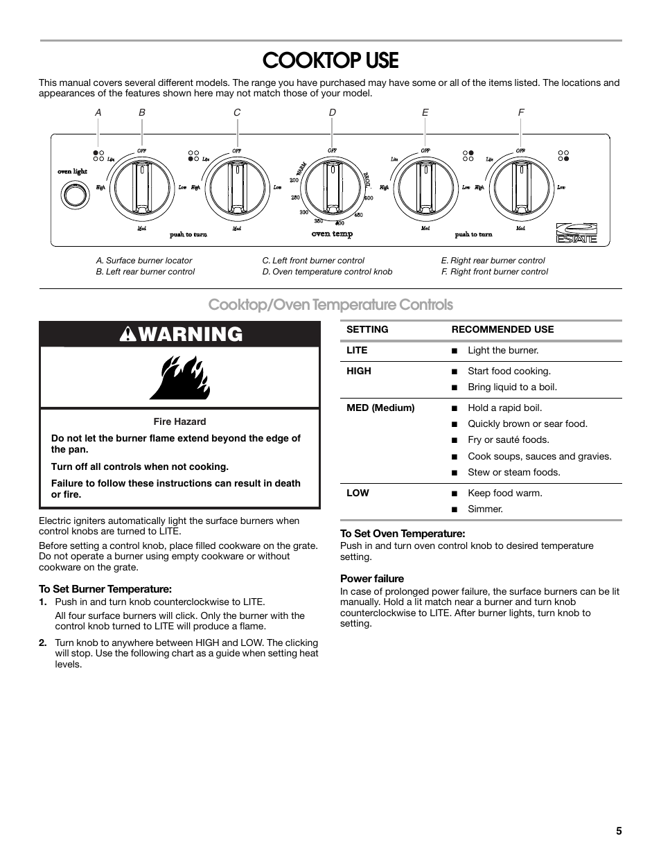 Cooktop use, Warning, Cooktop/oven temperature controls | Estate W10173754A User Manual | Page 5 / 28