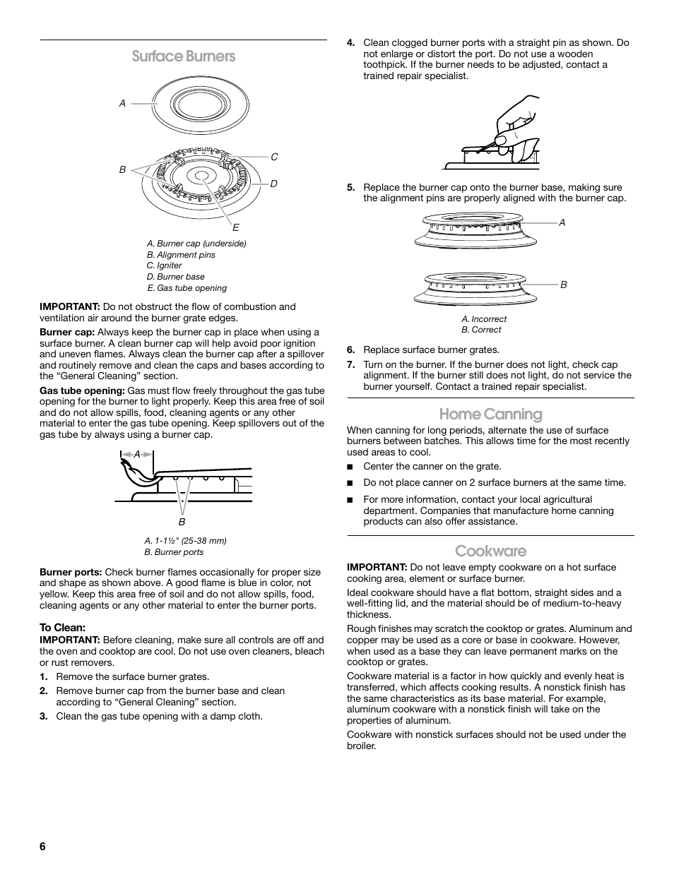 Surface burners, Home canning, Cookware | Estate W10173754A User Manual | Page 6 / 28
