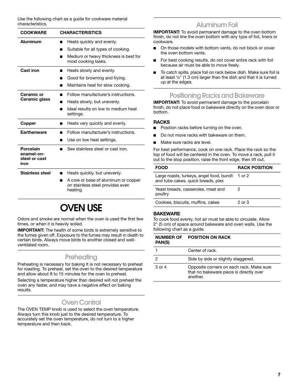 Oven use, Preheating, Oven control | Aluminum foil, Positioning racks and bakeware | Estate W10173754A User Manual | Page 7 / 28