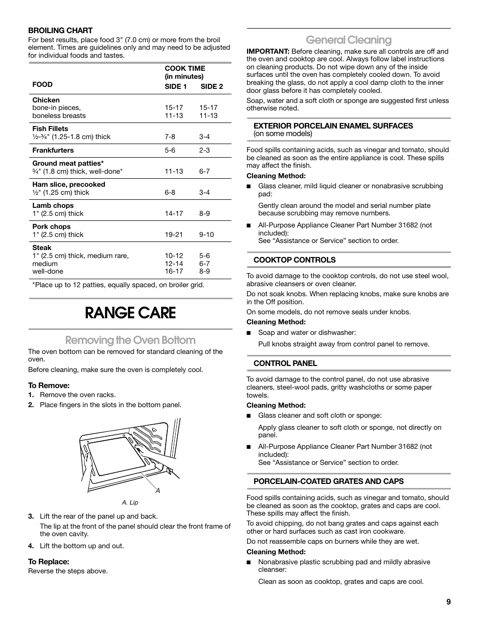 Range care, Removing the oven bottom, General cleaning | Estate W10173754A User Manual | Page 9 / 28