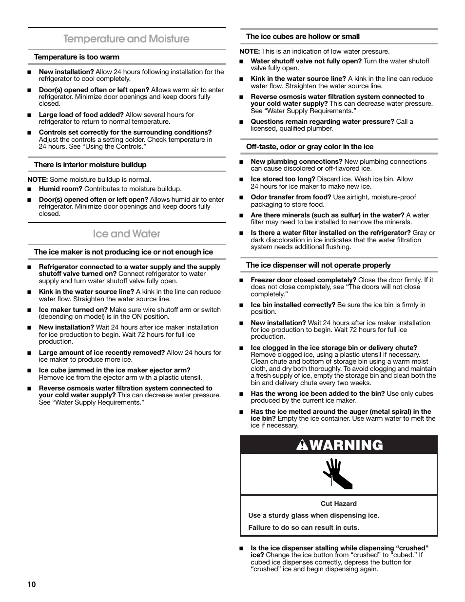 Warning, Temperature and moisture, Ice and water | Estate W10316633A User Manual | Page 10 / 40