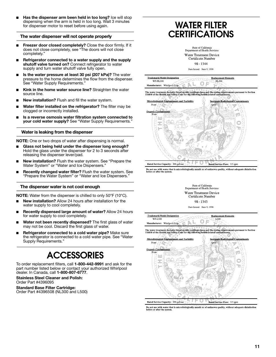 Accessories, Water filter certifications | Estate W10316633A User Manual | Page 11 / 40