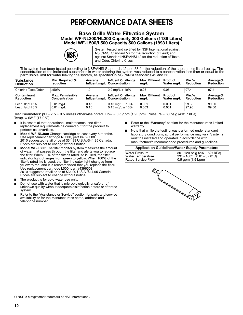 Performance data sheets, Base grille water filtration system | Estate W10316633A User Manual | Page 12 / 40