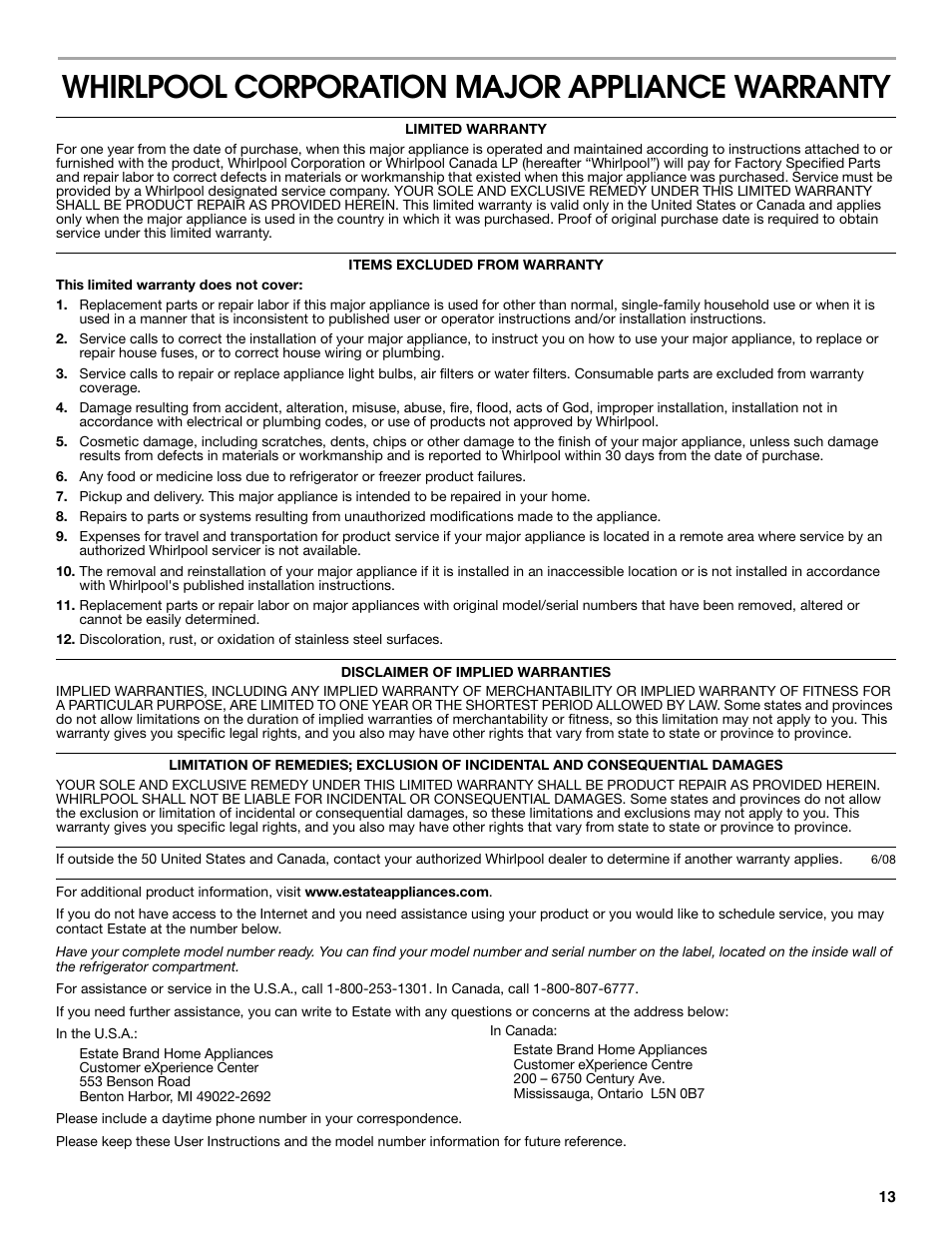 Whirlpool corporation major appliance warranty | Estate W10316633A User Manual | Page 13 / 40