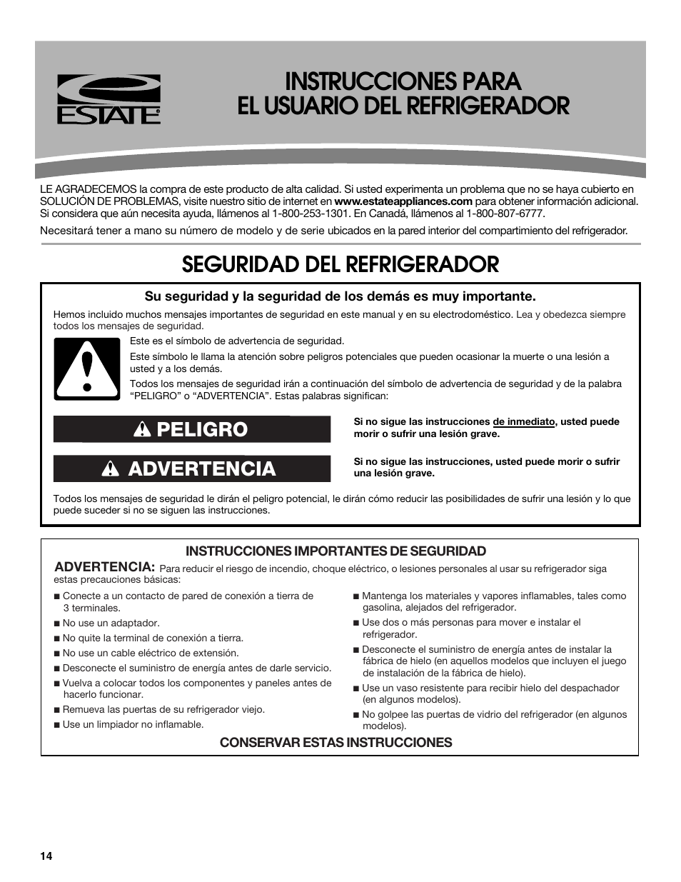 Instrucciones para el usuario del refrigerador, Seguridad del refrigerador, Advertencia peligro | Estate W10316633A User Manual | Page 14 / 40