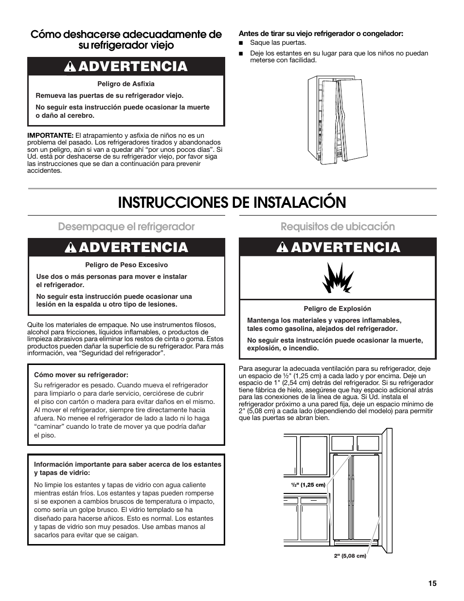 Instrucciones de instalación, Advertencia, Desempaque el refrigerador | Requisitos de ubicación | Estate W10316633A User Manual | Page 15 / 40
