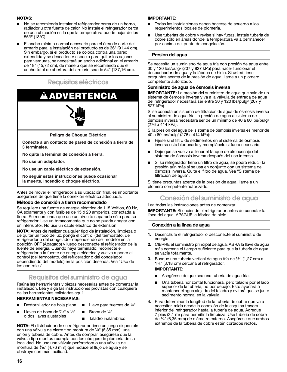 Advertencia, Requisitos eléctricos, Requisitos del suministro de agua | Conexión del suministro de agua | Estate W10316633A User Manual | Page 16 / 40