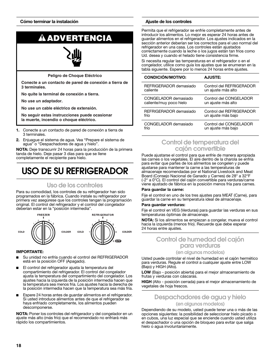 Uso de su refrigerador, Advertencia, Uso de los controles | Control de temperatura del cajón convertible, Control de humedad del cajón para verduras, Despachadores de agua y hielo | Estate W10316633A User Manual | Page 18 / 40