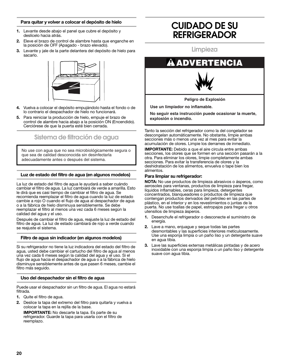 Cuidado de su refrigerador, Advertencia, Sistema de filtración de agua | Limpieza | Estate W10316633A User Manual | Page 20 / 40