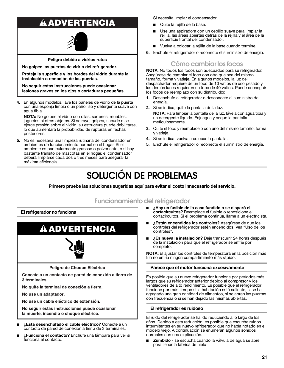 Solución de problemas, Advertencia, Cómo cambiar los focos | Funcionamiento del refrigerador | Estate W10316633A User Manual | Page 21 / 40