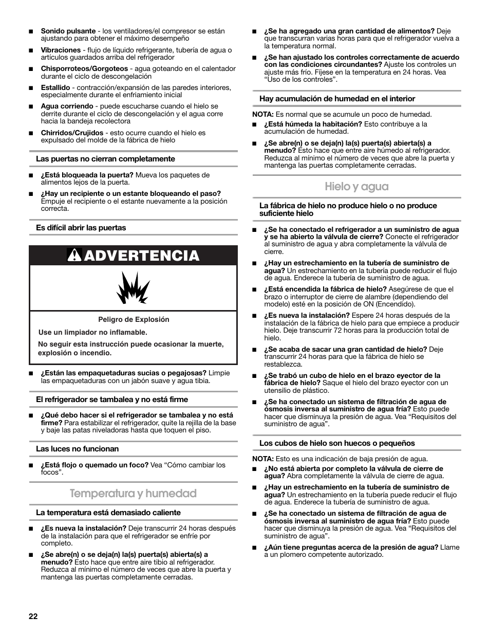 Advertencia, Temperatura y humedad, Hielo y agua | Estate W10316633A User Manual | Page 22 / 40
