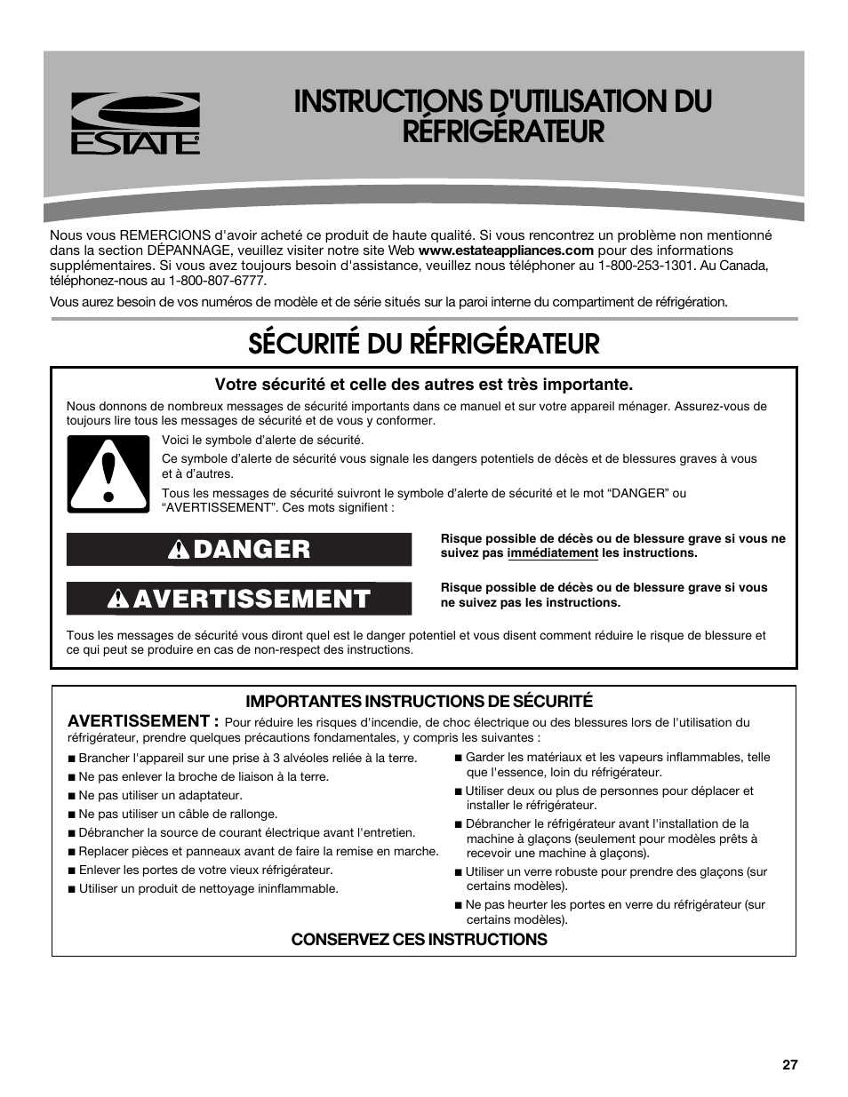 Instructions d'utilisation du réfrigérateur, Sécurité du réfrigérateur, Avertissement danger | Estate W10316633A User Manual | Page 27 / 40