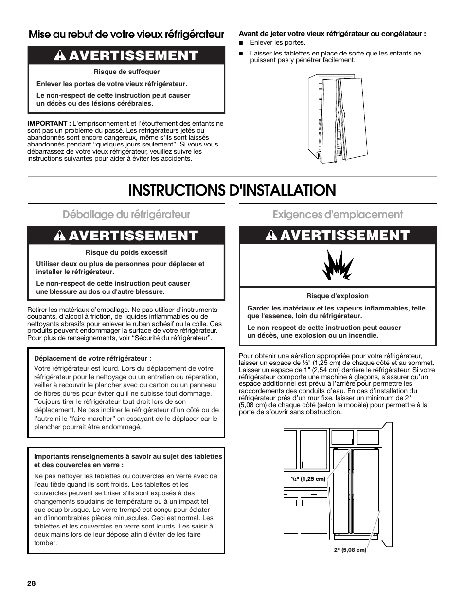 Instructions d'installation, Avertissement, Déballage du réfrigérateur | Exigences d'emplacement, Mise au rebut de votre vieux réfrigérateur | Estate W10316633A User Manual | Page 28 / 40