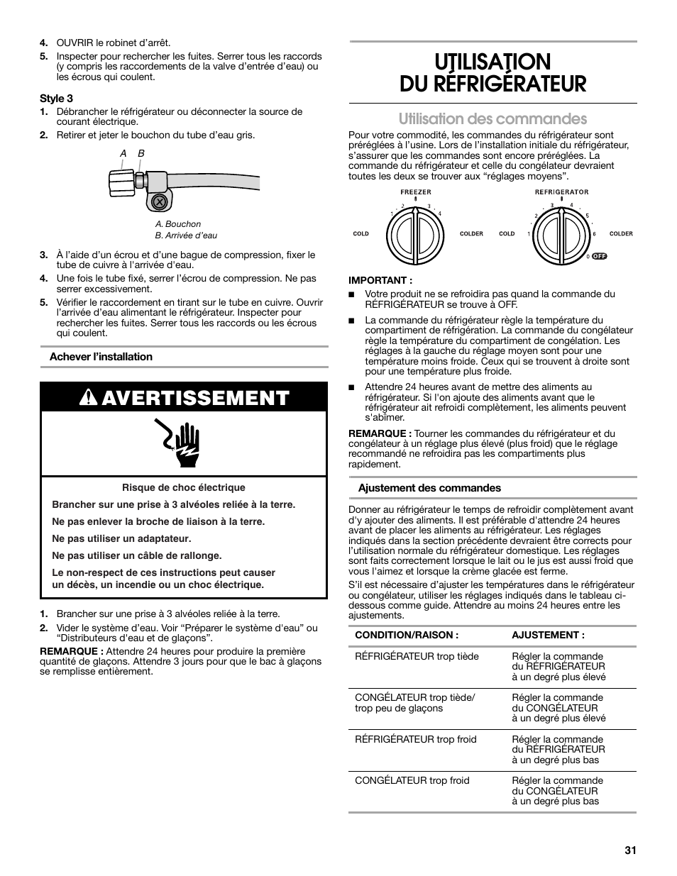 Utilisation du réfrigérateur, Avertissement, Utilisation des commandes | Estate W10316633A User Manual | Page 31 / 40