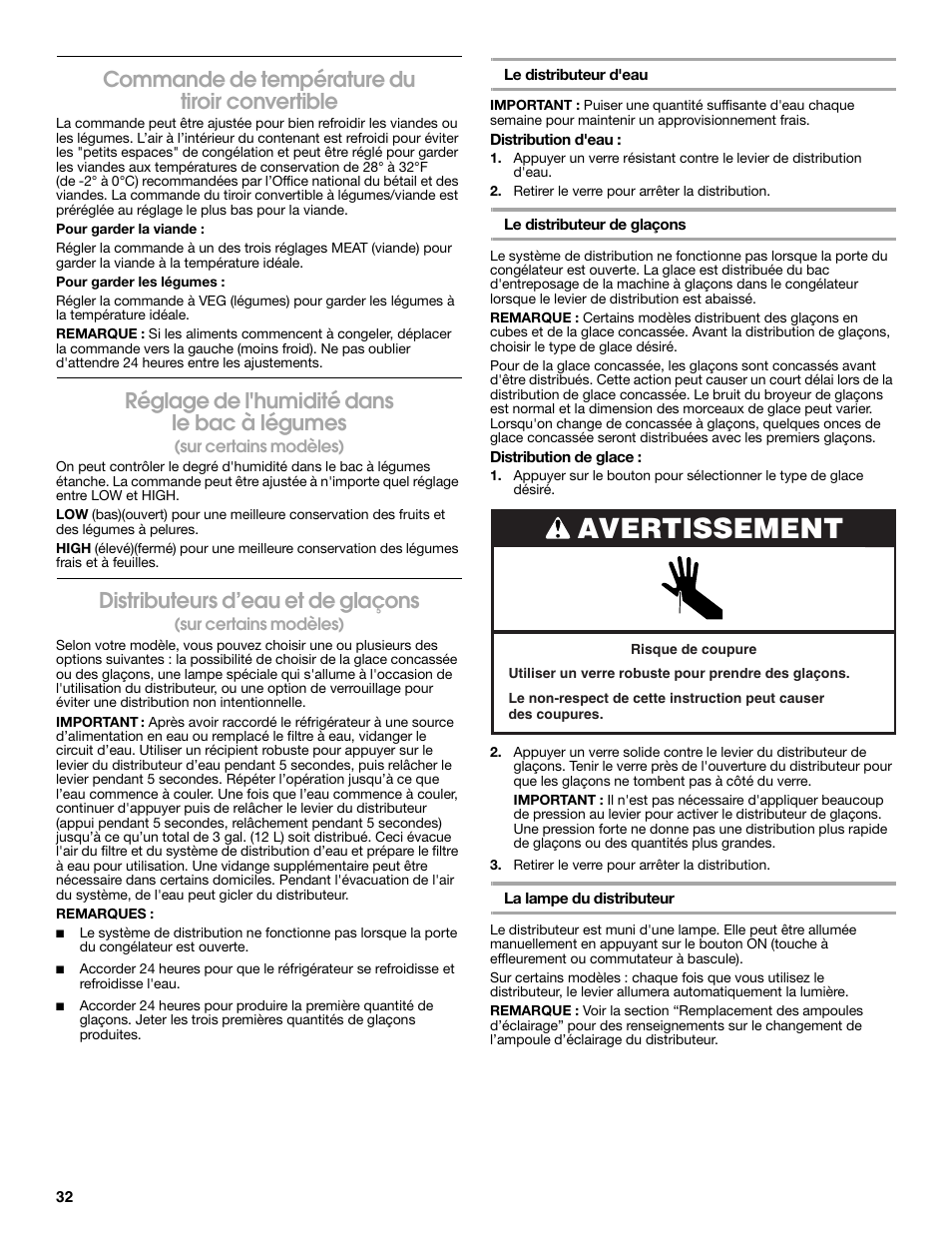 Avertissement, Commande de température du tiroir convertible, Réglage de l'humidité dans le bac à légumes | Distributeurs d’eau et de glaçons | Estate W10316633A User Manual | Page 32 / 40
