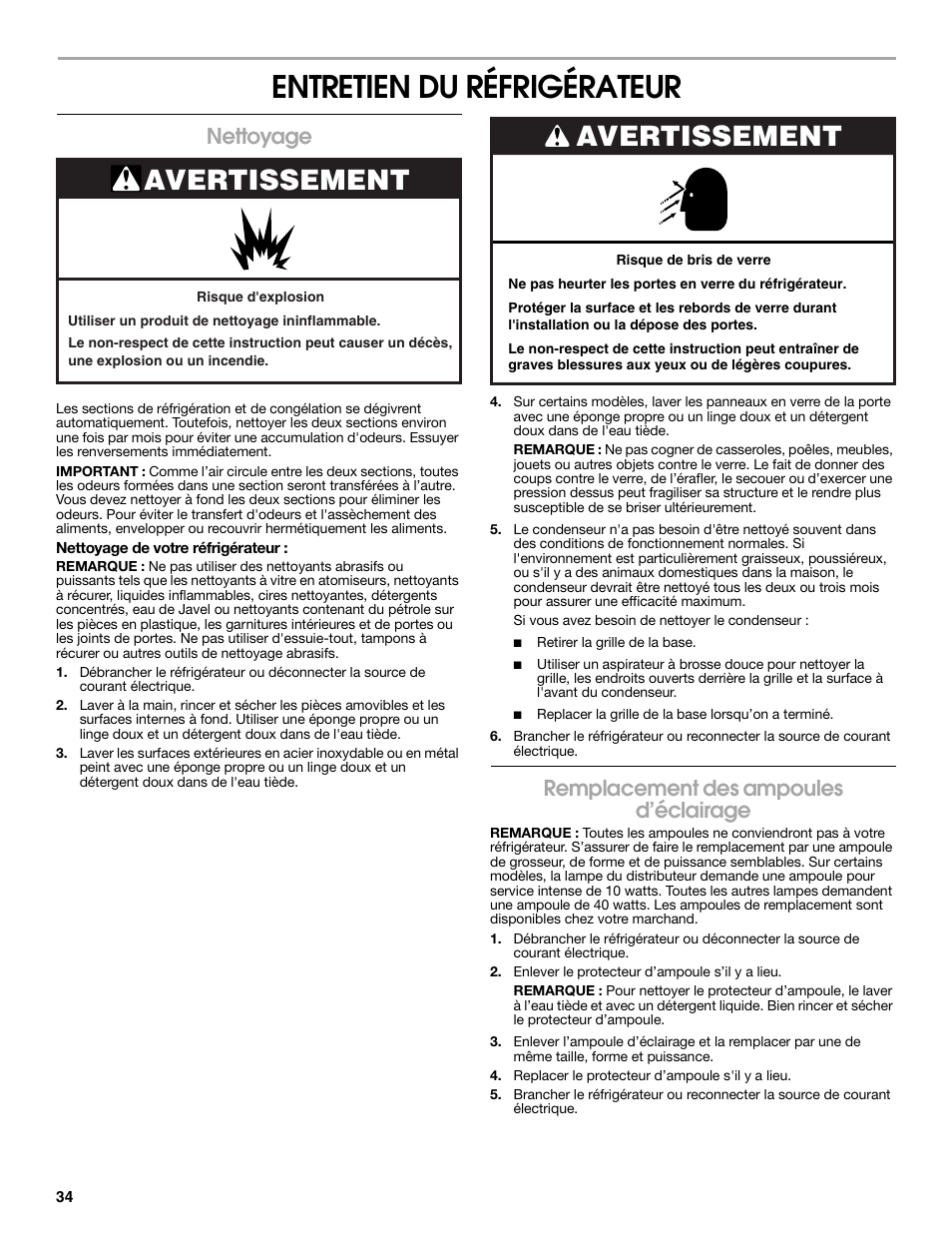 Entretien du réfrigérateur, Avertissement, Nettoyage | Remplacement des ampoules d’éclairage | Estate W10316633A User Manual | Page 34 / 40