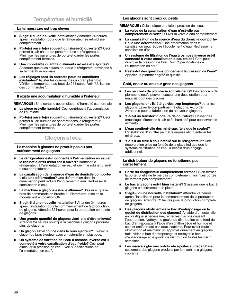 Température et humidité, Glaçons et eau | Estate W10316633A User Manual | Page 36 / 40
