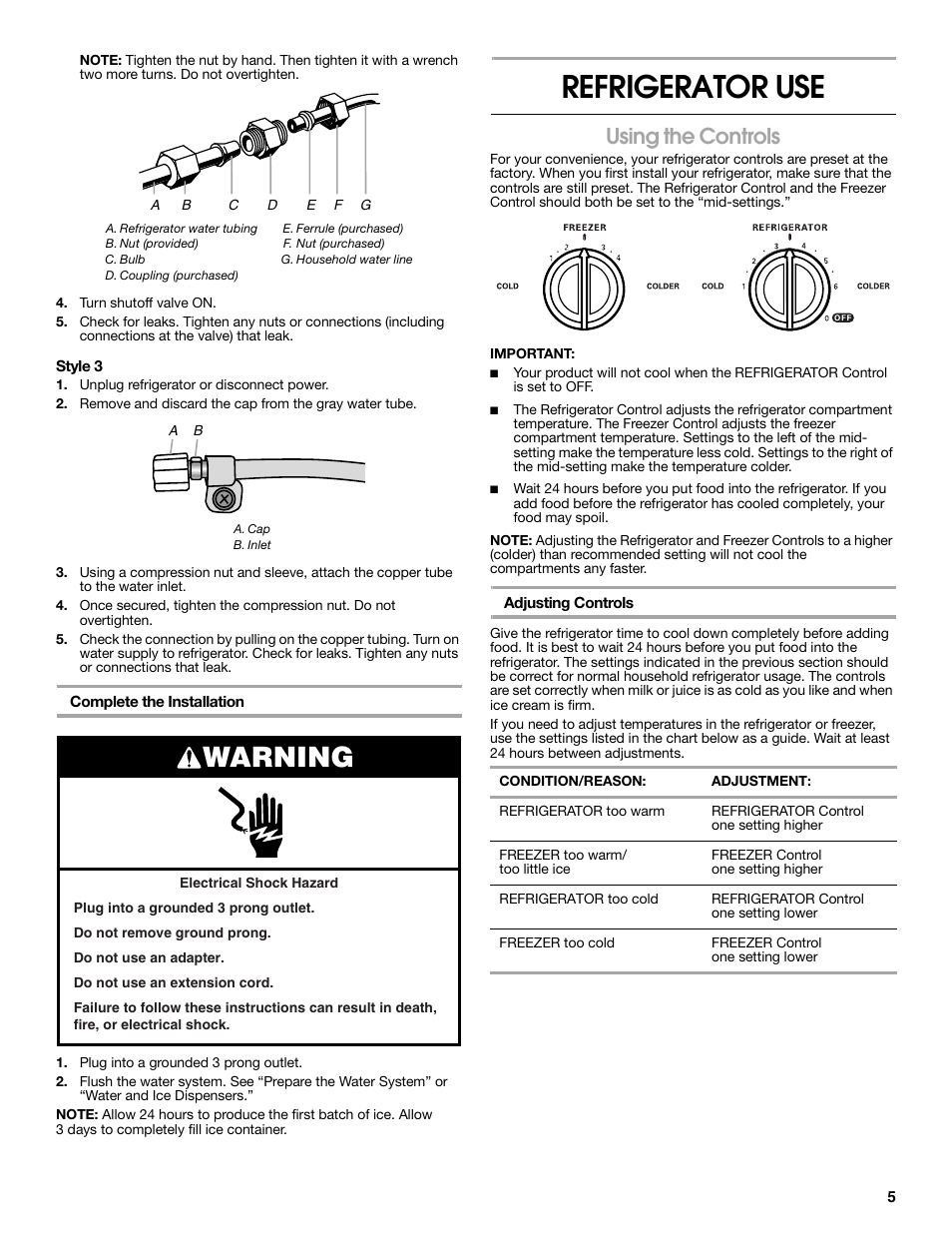 Refrigerator use, Warning, Using the controls | Estate W10316633A User Manual | Page 5 / 40