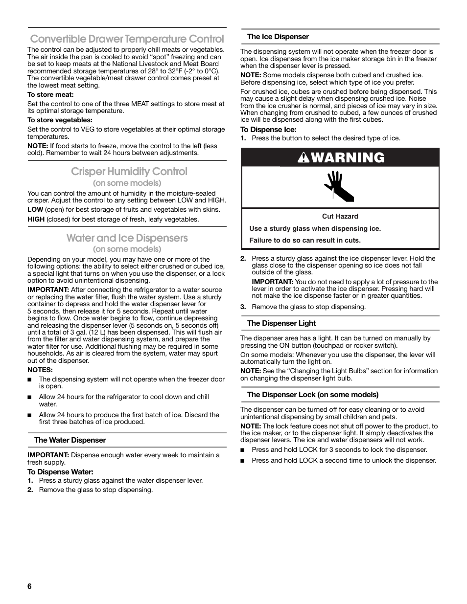 Warning, Convertible drawer temperature control, Crisper humidity control | Water and ice dispensers | Estate W10316633A User Manual | Page 6 / 40