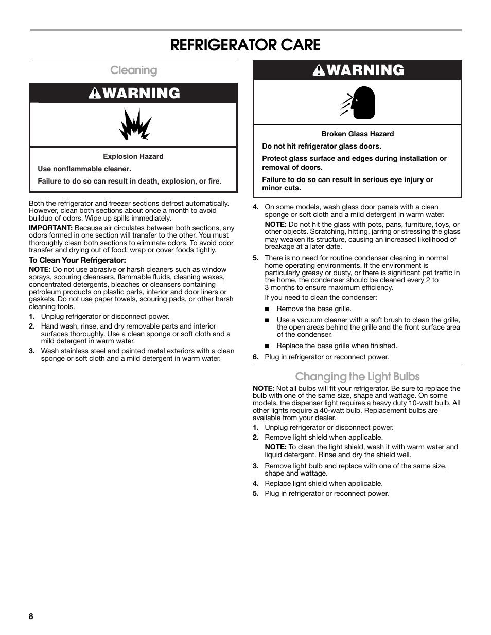 Refrigerator care, Warning, Cleaning | Changing the light bulbs | Estate W10316633A User Manual | Page 8 / 40
