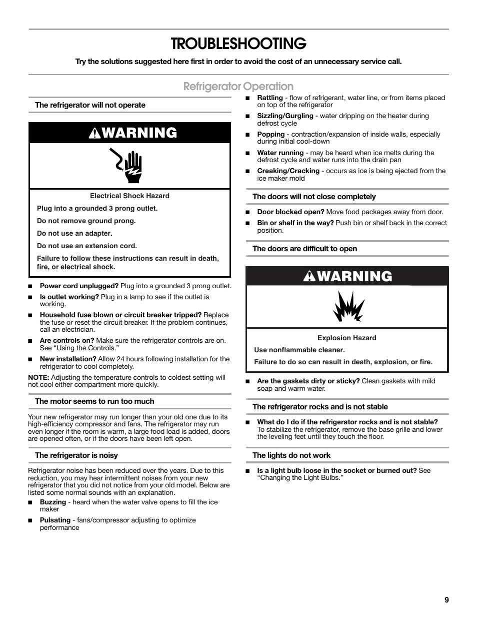 Troubleshooting, Warning, Refrigerator operation | Estate W10316633A User Manual | Page 9 / 40
