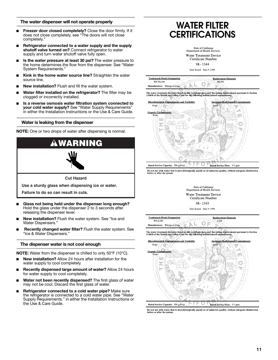 Water filter certifications, Warning | Estate E ESTATE 2315225 User Manual | Page 11 / 40