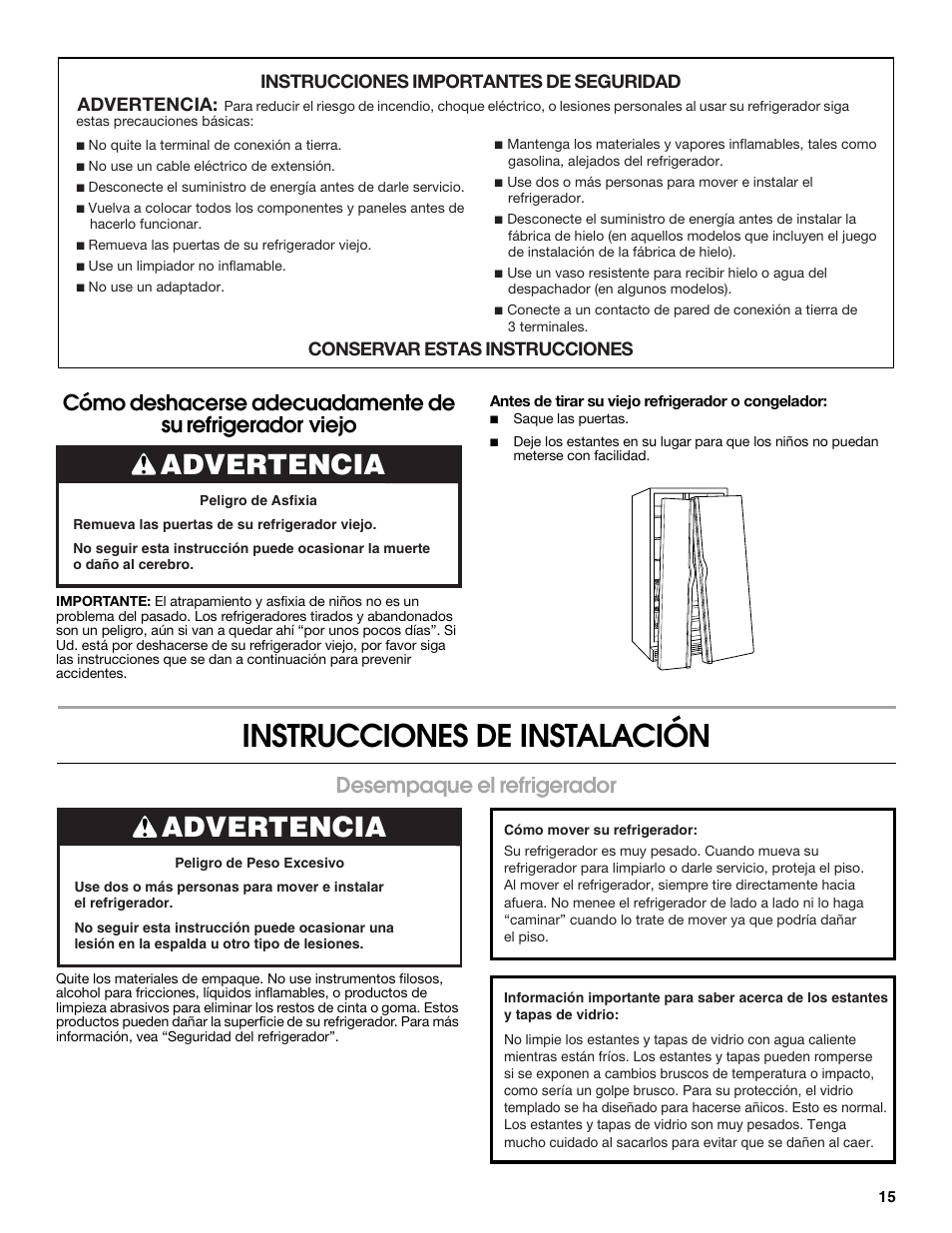 Instrucciones de instalación, Advertencia, Desempaque el refrigerador | Estate E ESTATE 2315225 User Manual | Page 15 / 40