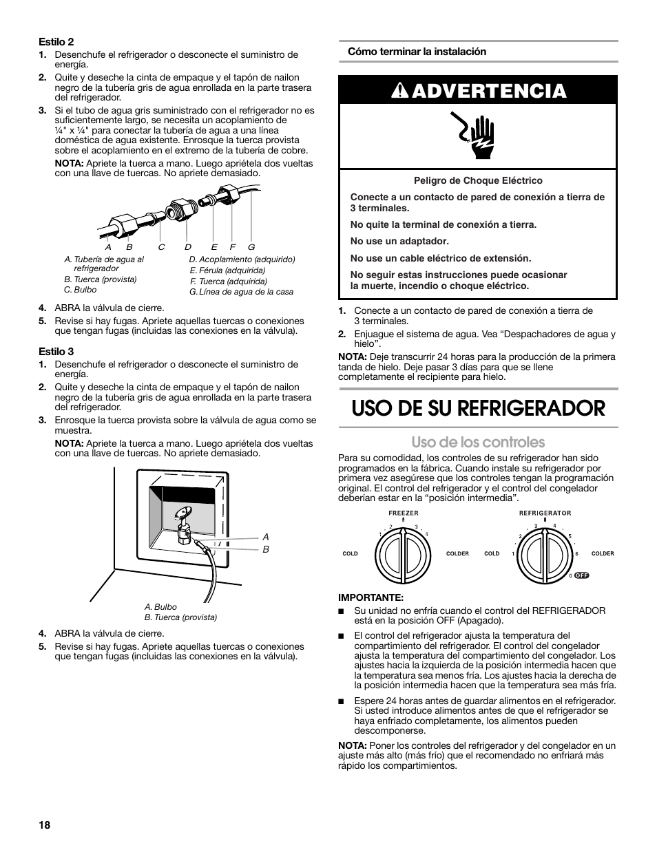 Uso de su refrigerador, Advertencia, Uso de los controles | Estate E ESTATE 2315225 User Manual | Page 18 / 40
