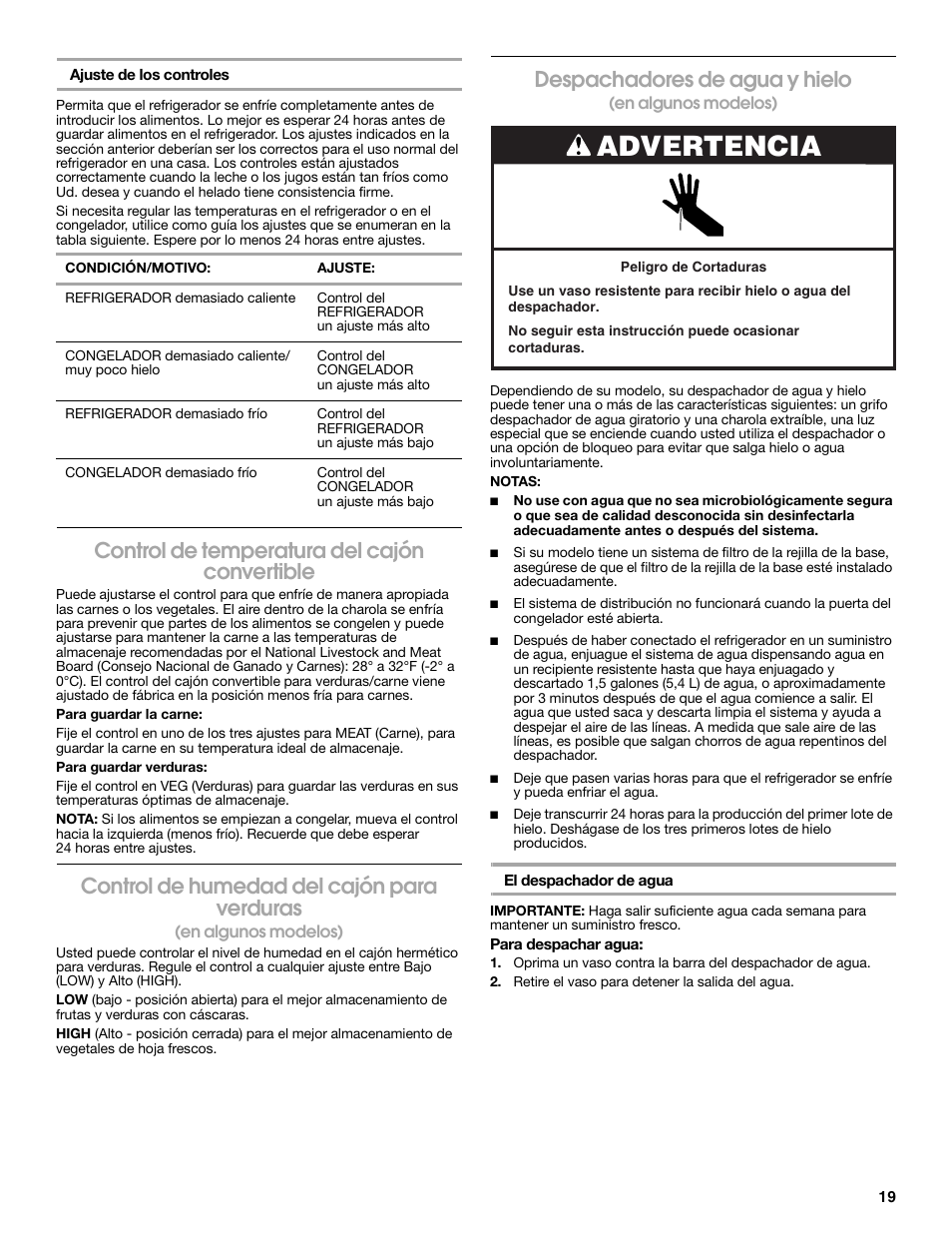 Advertencia, Control de temperatura del cajón convertible, Control de humedad del cajón para verduras | Despachadores de agua y hielo | Estate E ESTATE 2315225 User Manual | Page 19 / 40