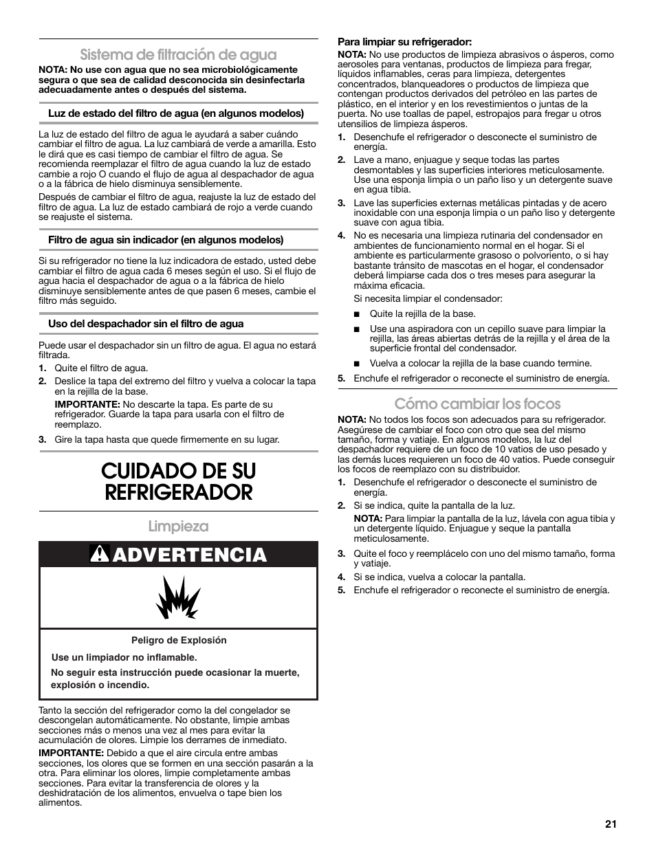 Cuidado de su refrigerador, Advertencia, Sistema de filtración de agua | Limpieza, Cómo cambiar los focos | Estate E ESTATE 2315225 User Manual | Page 21 / 40