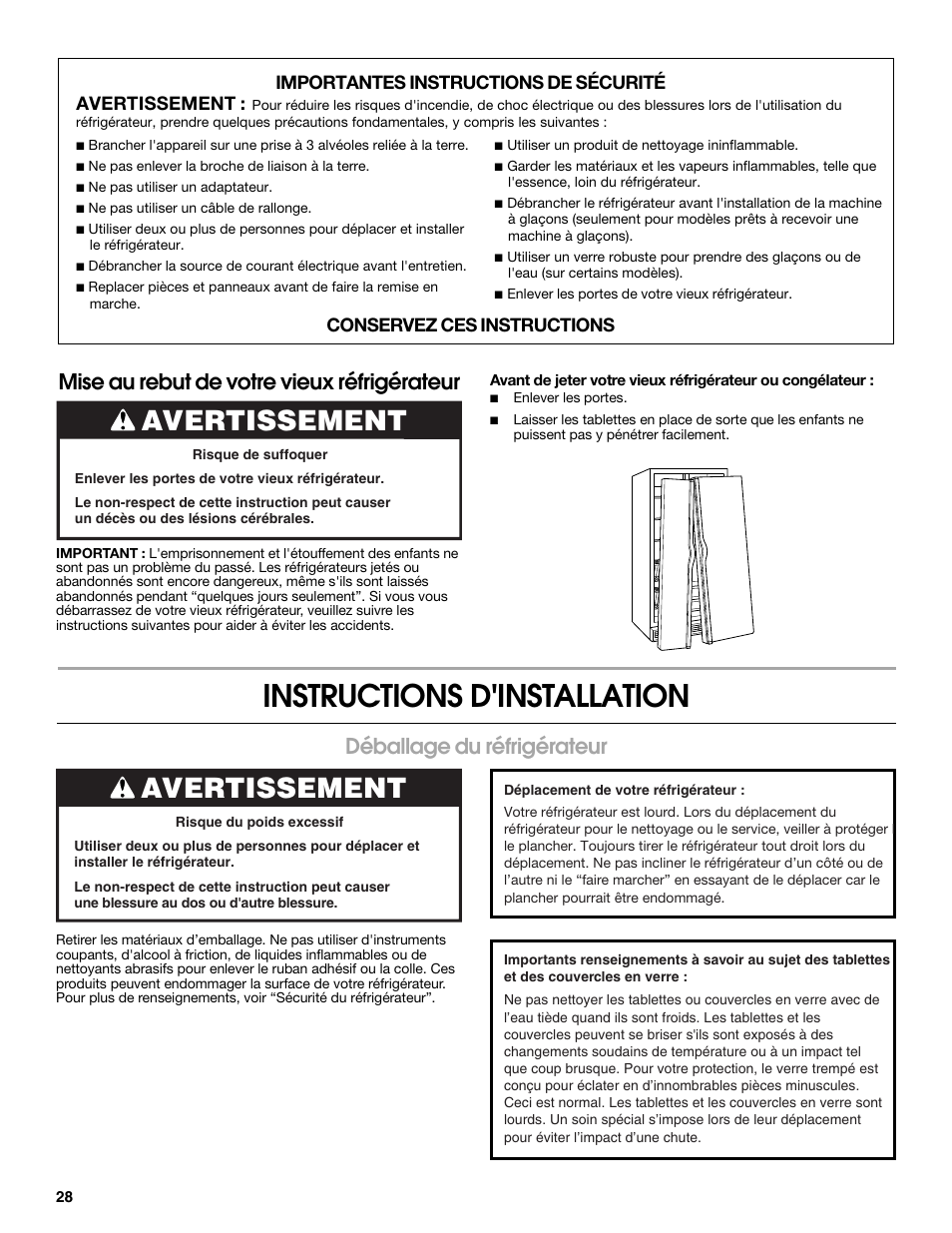 Instructions d'installation, Déballage du réfrigérateur, Mise au rebut de votre vieux réfrigérateur | Avertissement | Estate E ESTATE 2315225 User Manual | Page 28 / 40