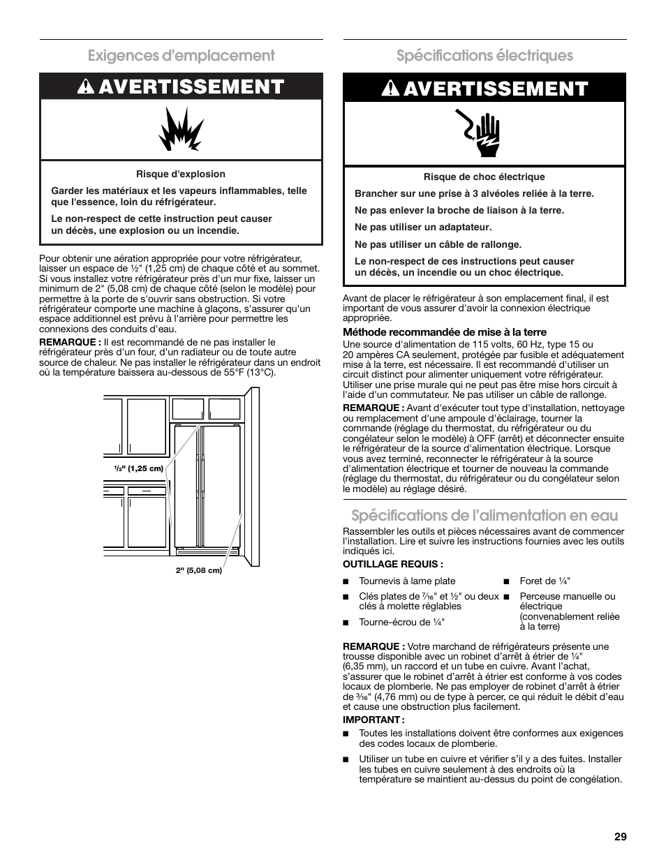 Avertissement, Exigences d'emplacement, Spécifications électriques | Spécifications de l’alimentation en eau | Estate E ESTATE 2315225 User Manual | Page 29 / 40