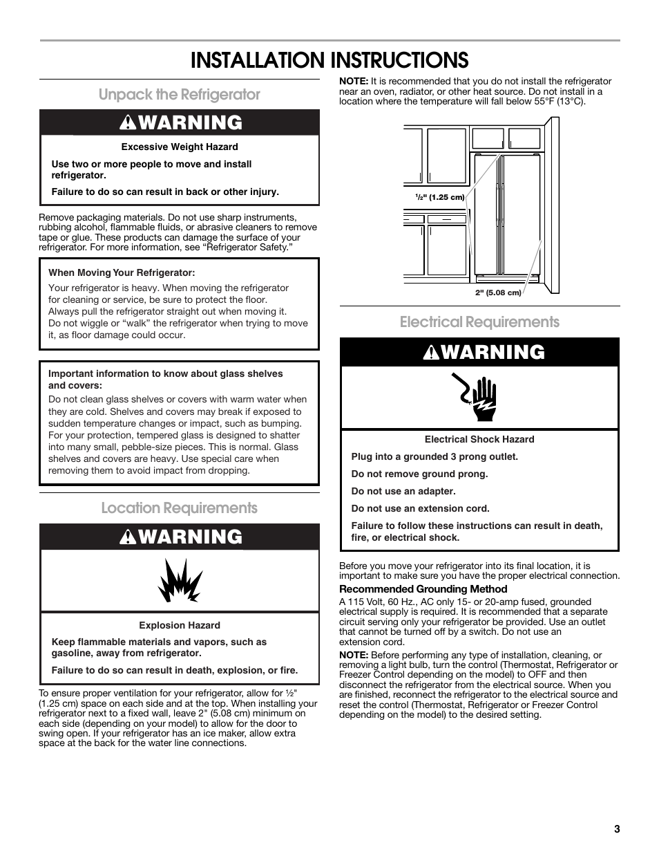 Installation instructions, Warning, Unpack the refrigerator | Location requirements, Electrical requirements | Estate E ESTATE 2315225 User Manual | Page 3 / 40