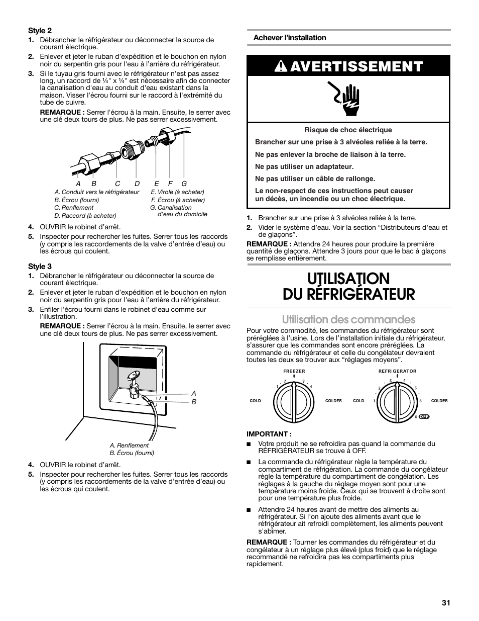 Utilisation du réfrigérateur, Avertissement, Utilisation des commandes | Estate E ESTATE 2315225 User Manual | Page 31 / 40