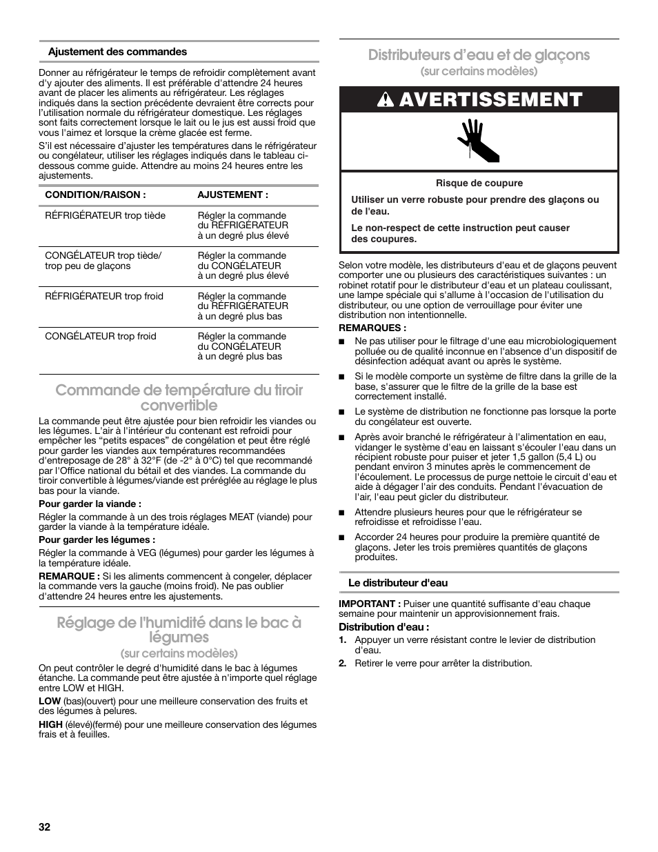 Avertissement, Commande de température du tiroir convertible, Réglage de l'humidité dans le bac à légumes | Distributeurs d’eau et de glaçons | Estate E ESTATE 2315225 User Manual | Page 32 / 40