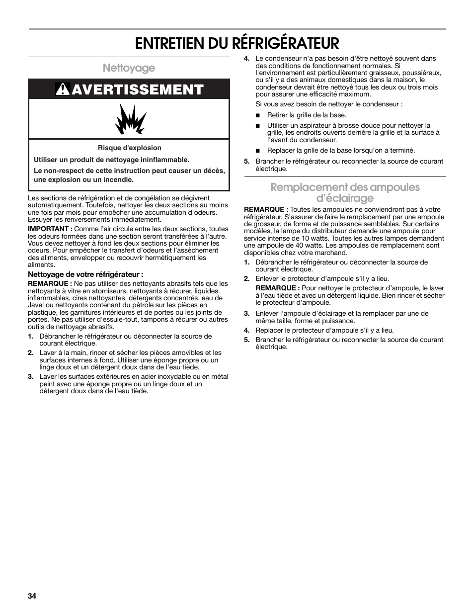 Entretien du réfrigérateur, Avertissement, Nettoyage | Remplacement des ampoules d’éclairage | Estate E ESTATE 2315225 User Manual | Page 34 / 40