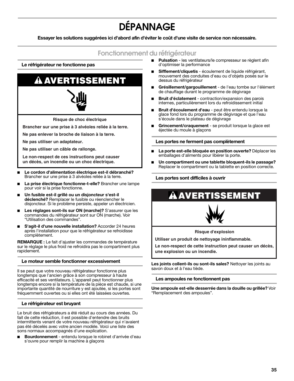 Dépannage, Avertissement, Fonctionnement du réfrigérateur | Estate E ESTATE 2315225 User Manual | Page 35 / 40