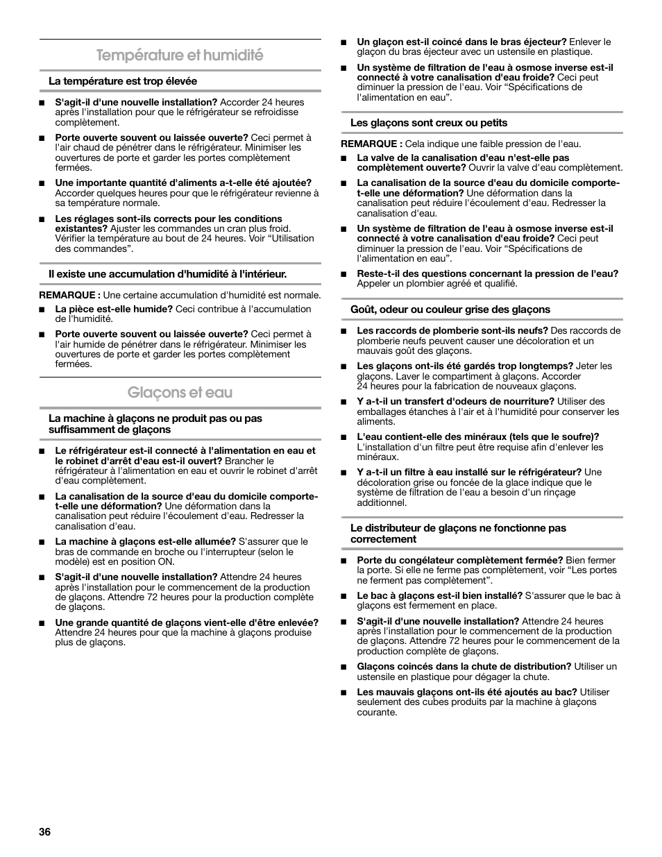 Température et humidité, Glaçons et eau | Estate E ESTATE 2315225 User Manual | Page 36 / 40