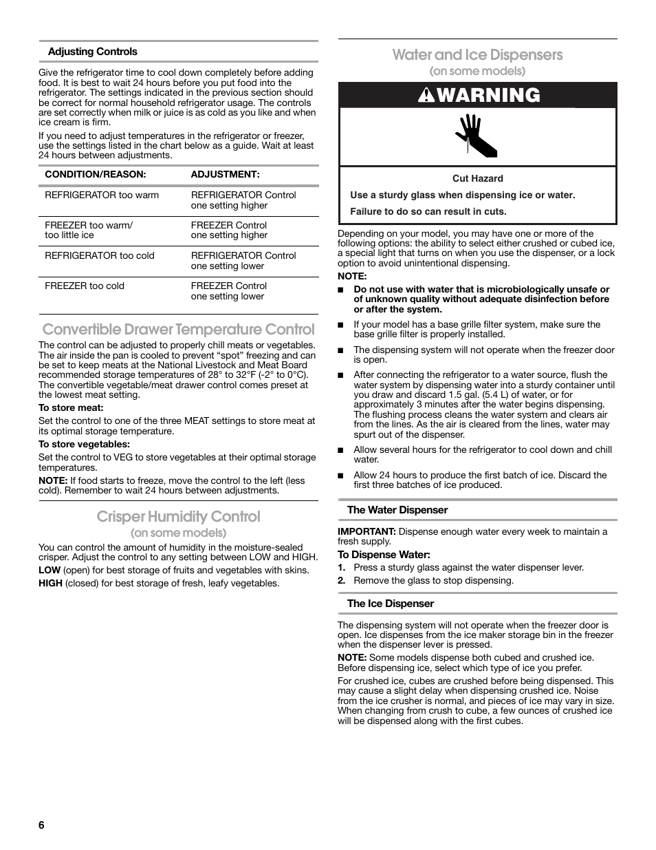 Warning, Convertible drawer temperature control, Crisper humidity control | Water and ice dispensers | Estate E ESTATE 2315225 User Manual | Page 6 / 40