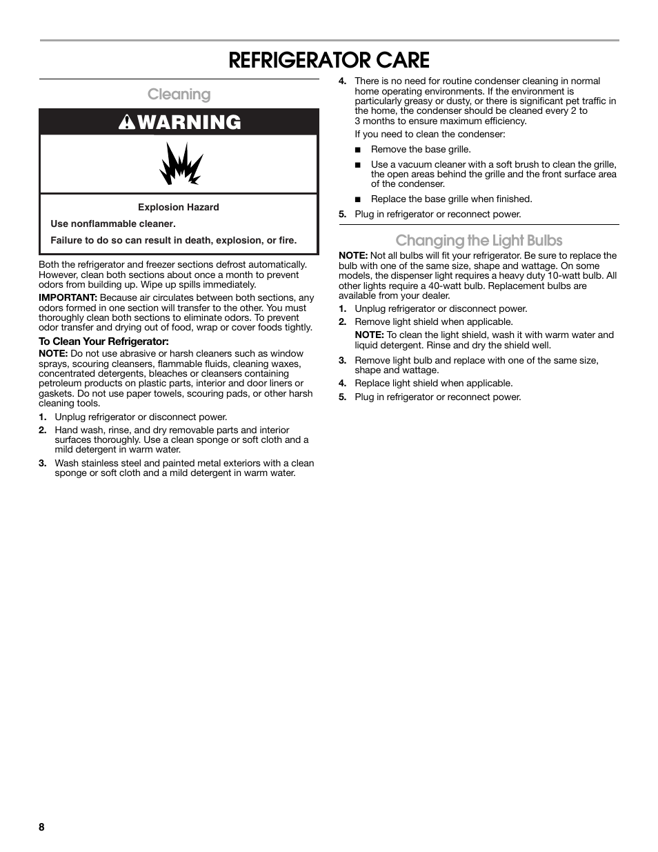 Refrigerator care, Warning, Cleaning | Changing the light bulbs | Estate E ESTATE 2315225 User Manual | Page 8 / 40