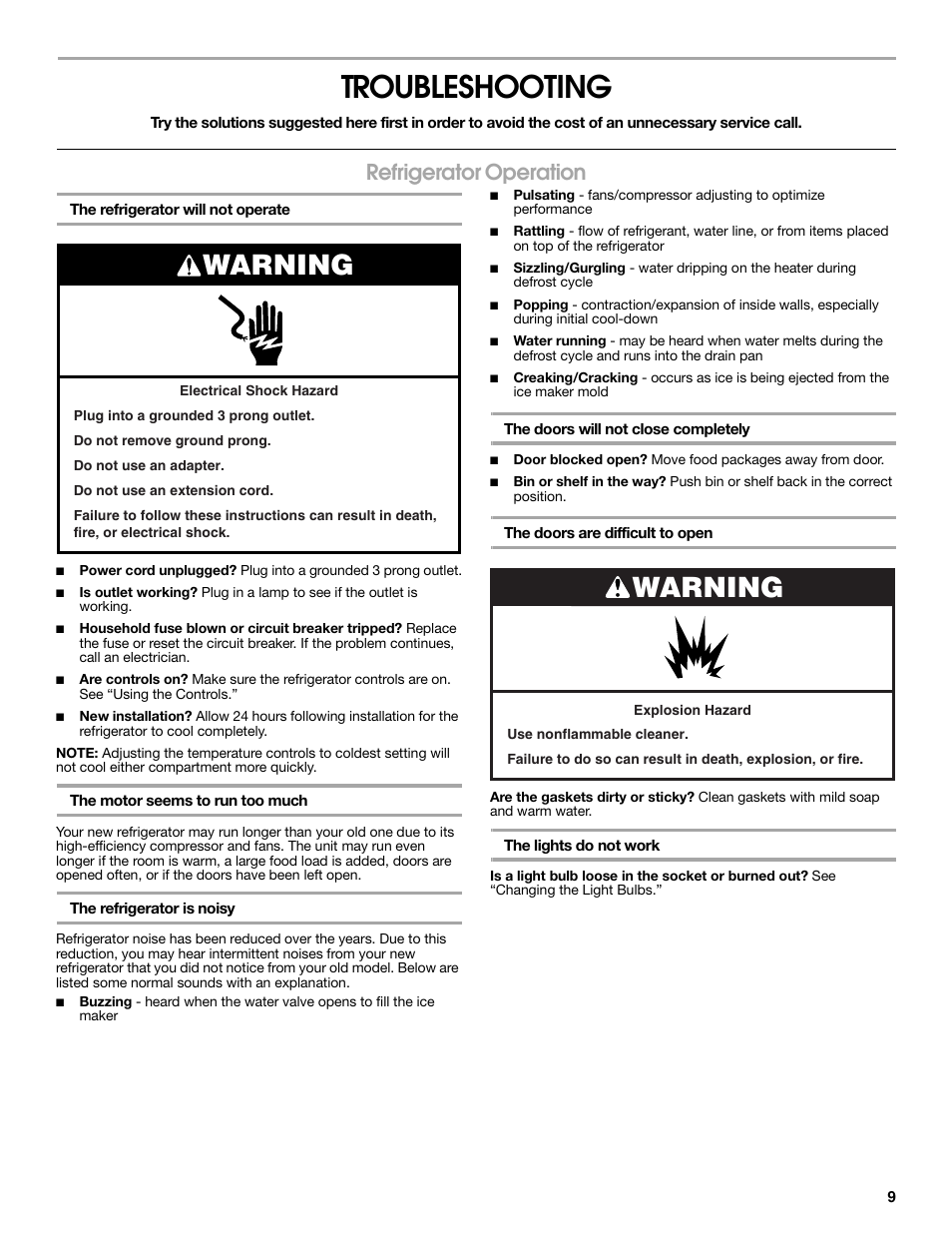 Troubleshooting, Warning, Refrigerator operation | Estate E ESTATE 2315225 User Manual | Page 9 / 40