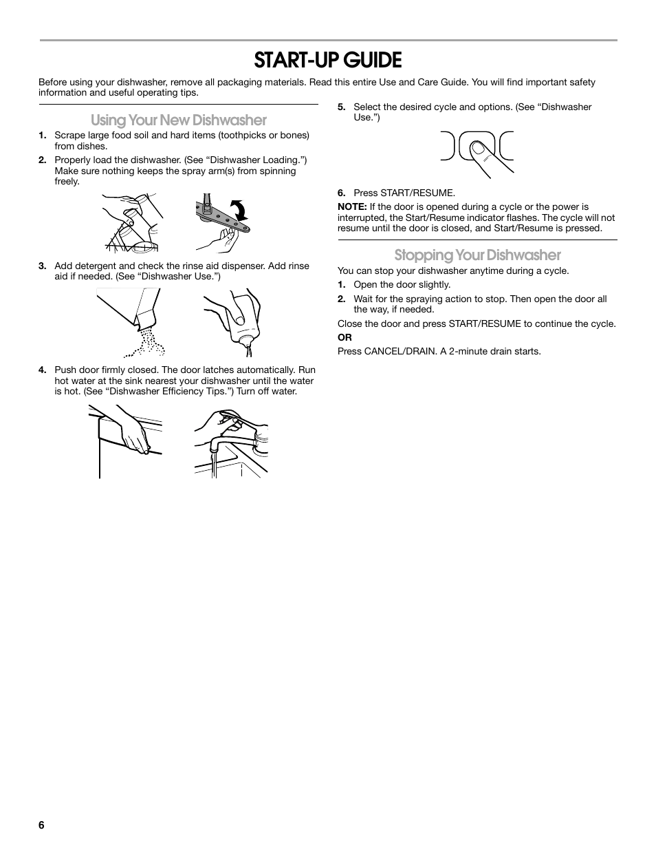 Start-up guide, Using your new dishwasher, Stopping your dishwasher | Estate TUD8750S User Manual | Page 6 / 20