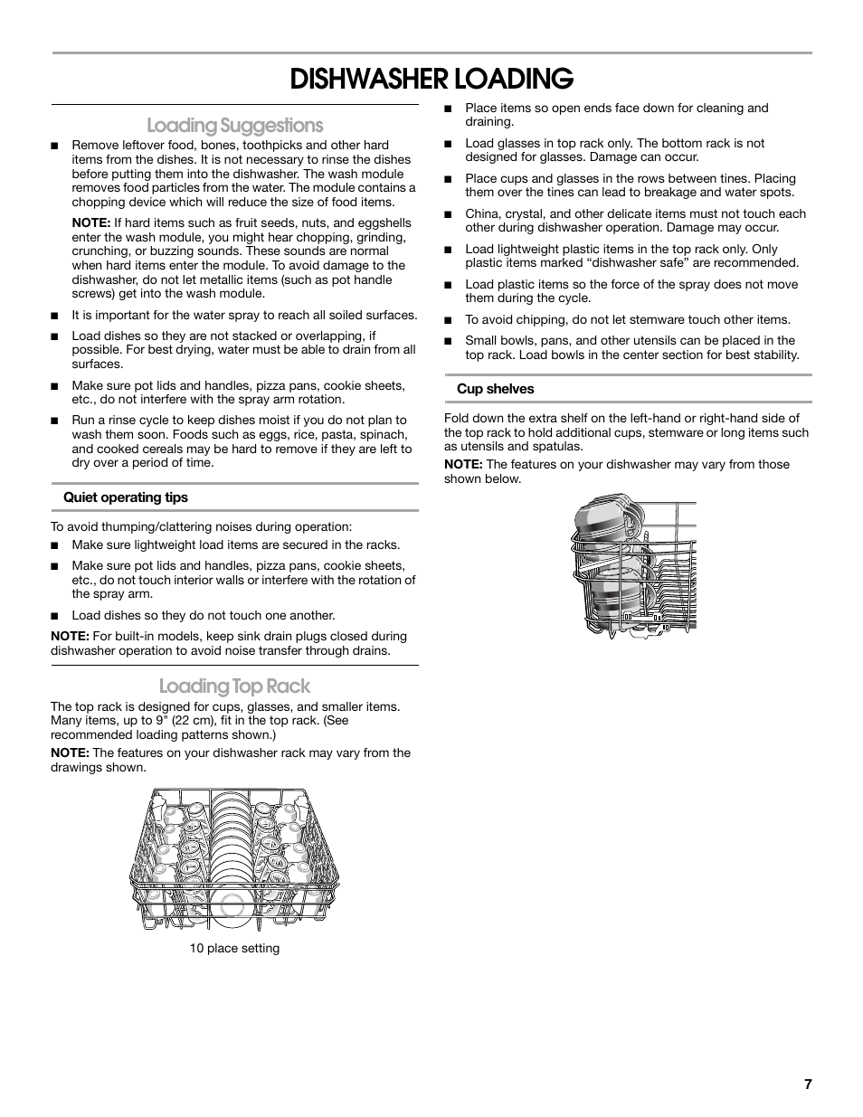 Dishwasher loading, Loading suggestions, Loading top rack | Estate TUD8750S User Manual | Page 7 / 20