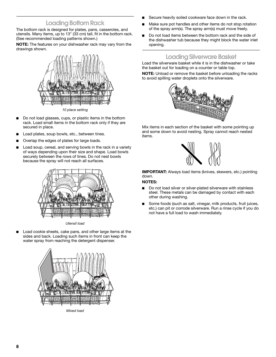 Loading bottom rack, Loading silverware basket | Estate TUD8750S User Manual | Page 8 / 20