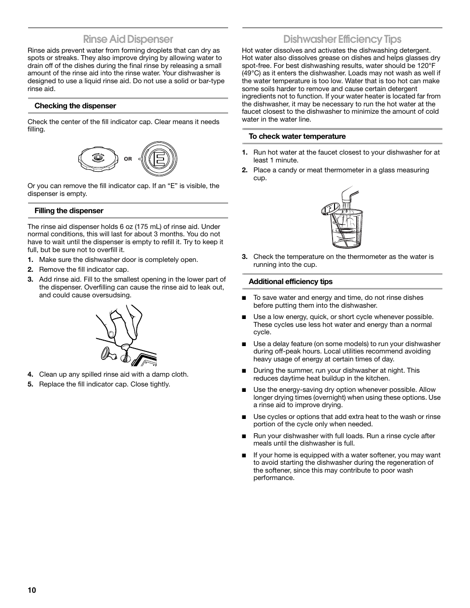 Rinse aid dispenser, Dishwasher efficiency tips | Estate TUD1000R User Manual | Page 10 / 16