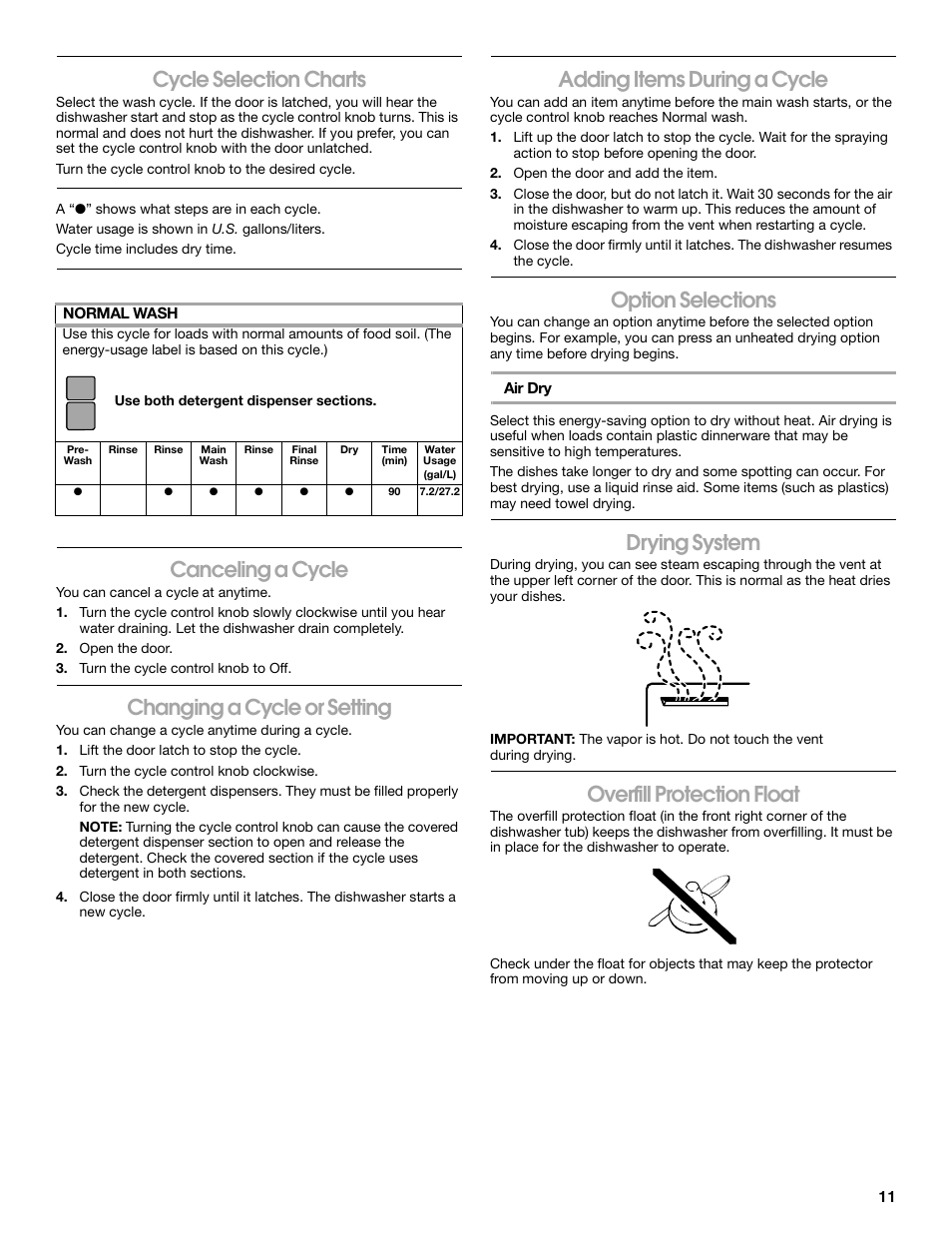 Cycle selection charts, Canceling a cycle, Changing a cycle or setting | Adding items during a cycle, Option selections, Drying system, Overfill protection float | Estate TUD1000R User Manual | Page 11 / 16