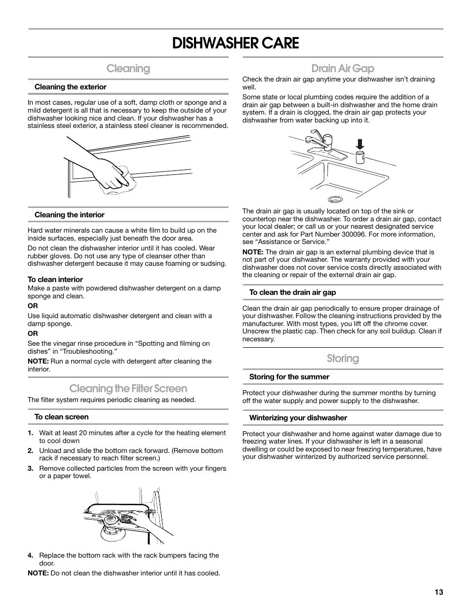 Dishwasher care, Cleaning, Cleaning the filter screen | Drain air gap, Storing | Estate TUD1000R User Manual | Page 13 / 16