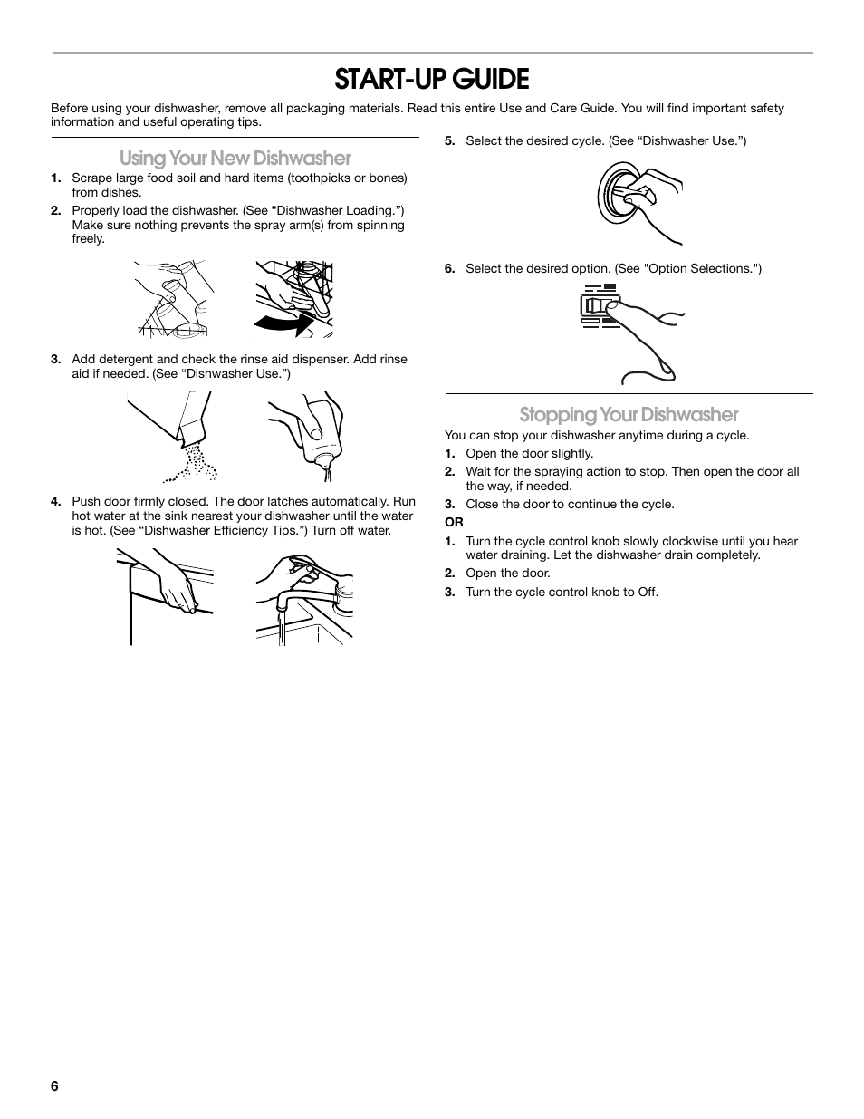 Start-up guide, Using your new dishwasher, Stopping your dishwasher | Estate TUD1000R User Manual | Page 6 / 16