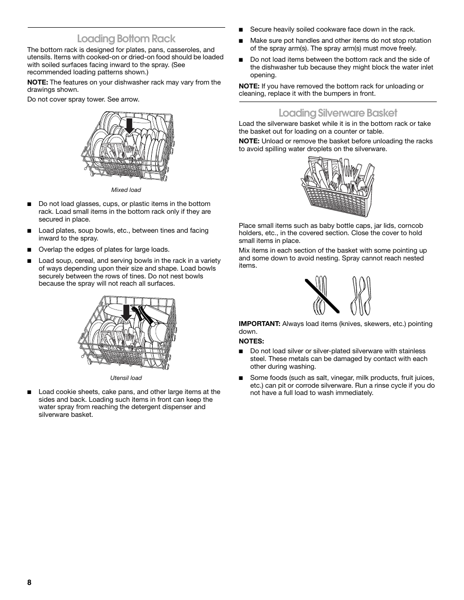 Loading bottom rack, Loading silverware basket | Estate TUD1000R User Manual | Page 8 / 16