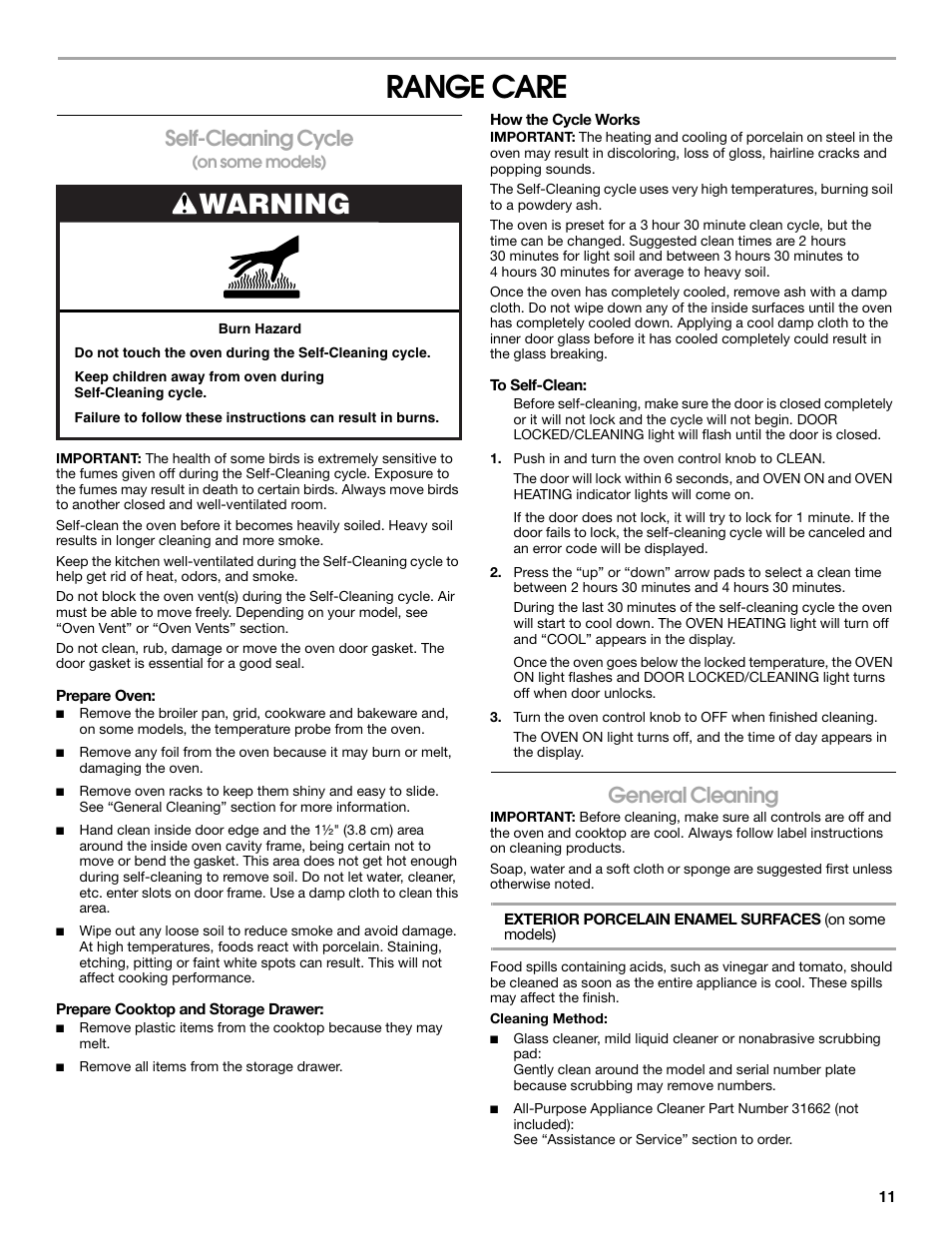 Range care, Warning, Self-cleaning cycle | General cleaning | Estate W10017740 User Manual | Page 11 / 16